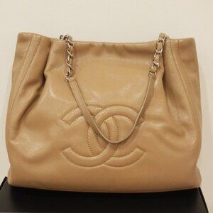 CHANEL Light Brown Leather Double Handle Tote Bag